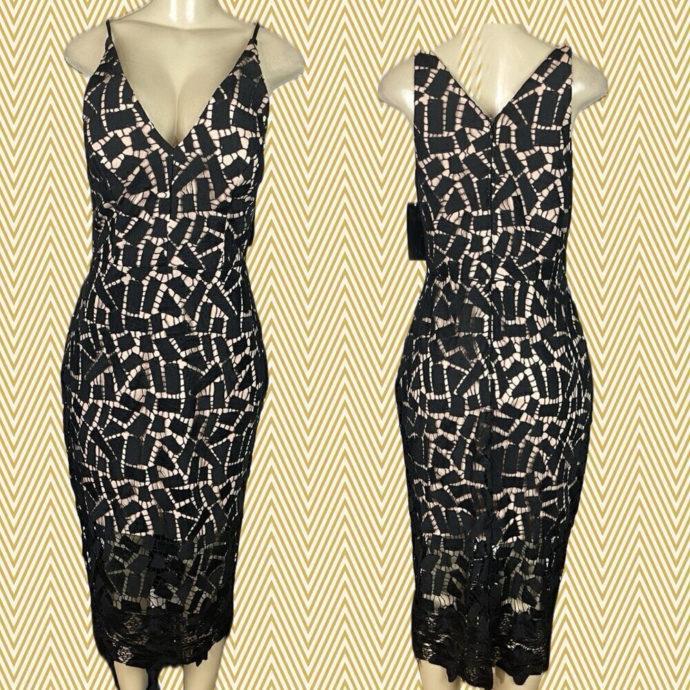 Xscape 8 Black/Nude Geometric Lace V-Neckline Sheer Hemline Midi Evening Dress